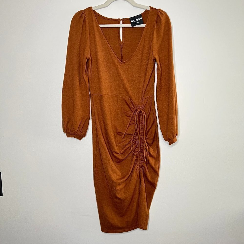 Kittenish Tie Scrunch Front‎ Midi Sweater Dress V Neck Long Sleeve Keyhole Back